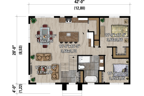 Floor Plan - Main Floor 1 for European House Plan #25-5043 - 2 bed, 1 bath