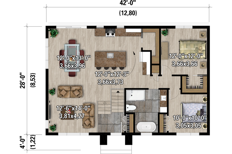 House Blueprint - Floor Plan - Main Floor 1 for European House Plan #25-5043 - 2 bed, 1 bath