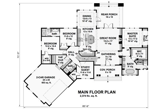 Floor Plan - Main Floor for Craftsman House Plan #51-569 - 4 bed, 3 bath