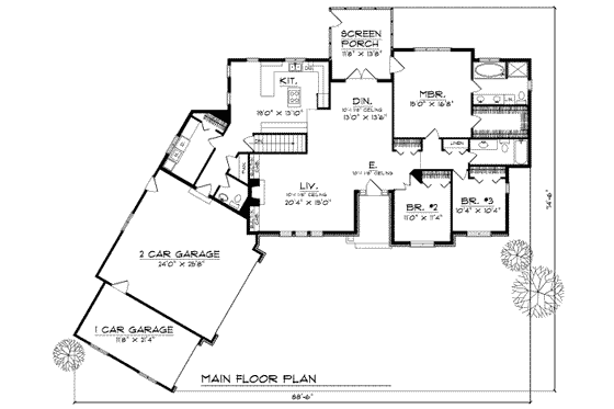 Floor Plan - Main Floor for Traditional House Plan #70-293 - 3 bed, 2.5 bath