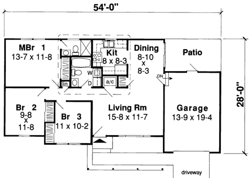 Beds 2 Baths 984 Sq Ft Plan 312, 3 Br Ranch House Plans