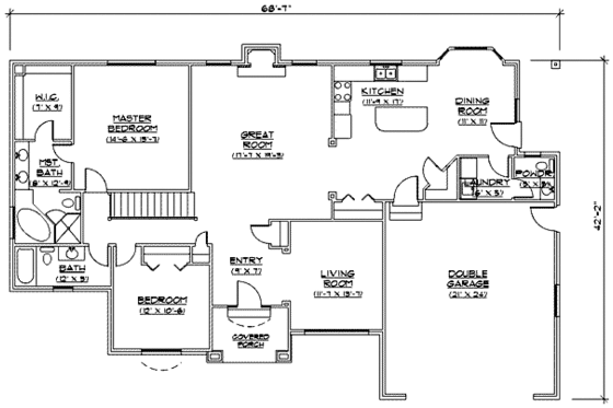 Floor Plan - Main Floor for Ranch House Plan #5-120 - 2 bed, 2.5 bath