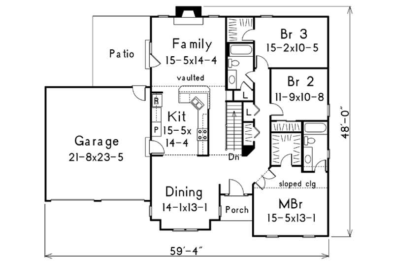 House Design - Floor Plan - Main Floor for Country House Plan #57-118 - 3 bed, 2 bath