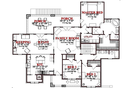 Floor Plan - Main Floor for Craftsman House Plan #63-189 - 4 bed, 3 bath