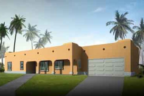 Exterior - Front Elevation for Adobe / Southwestern House Plan #1-1322 - 3 bed, 2 bath