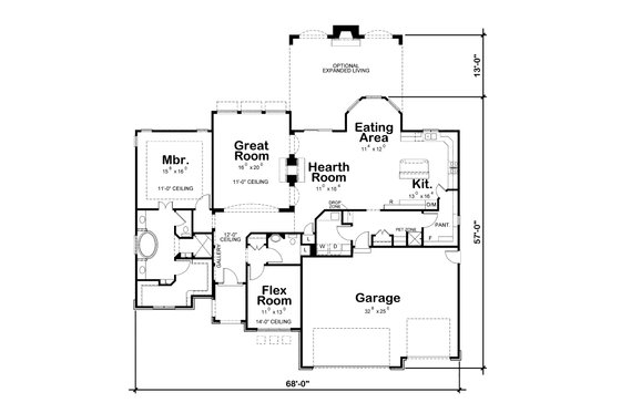 Floor Plan - Main Floor for Ranch House Plan #20-2306 - 1 bed, 1.5 bath