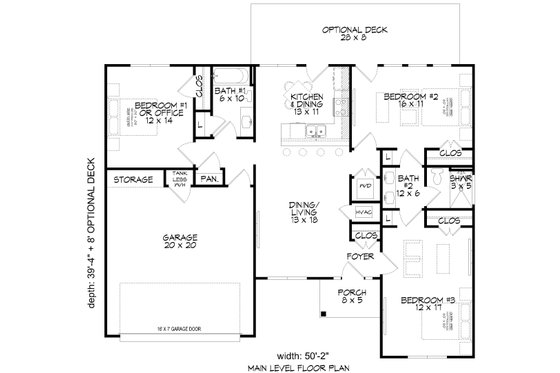 Floor Plan - Main Floor for Craftsman House Plan #932-1036 - 3 bed, 2 bath
