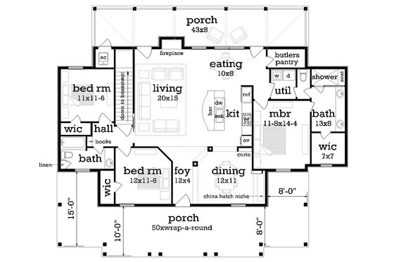 Floor Plan - Main Floor for Ranch House Plan #45-579 - 4 bed, 3 bath