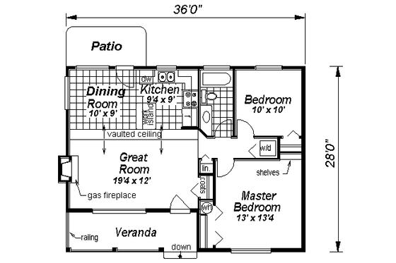 Floor Plan - Main Floor for Cottage House Plan #18-1052 - 2 bed, 1 bath
