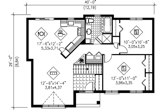 Floor Plan - Main Floor for Cottage House Plan #25-1192 - 2 bed, 1 bath
