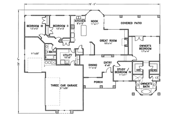 Floor Plan - Main Floor for Adobe / Southwestern House Plan #24-134 - 4 bed, 2 bath