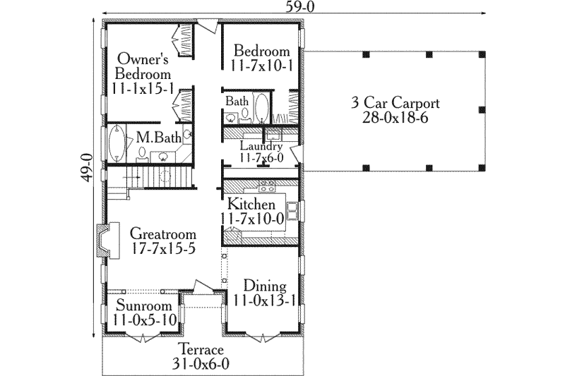Home Plan - Floor Plan - Main Floor for Southern House Plan #406-227 - 2 bed, 2 bath