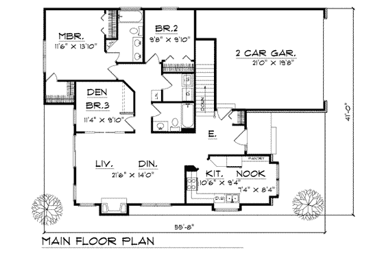 Floor Plan - Main Floor for Cottage House Plan #70-117 - 3 bed, 2 bath