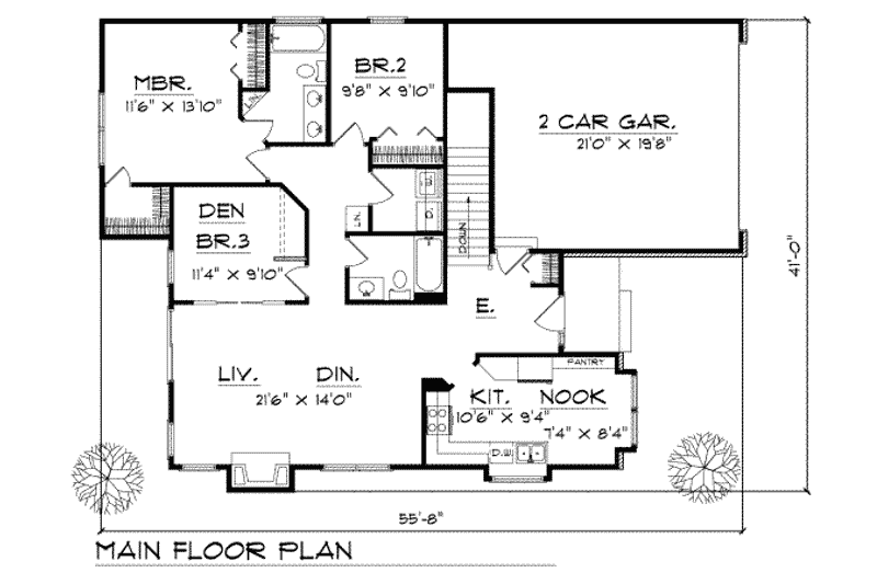 House Plan Design - Floor Plan - Main Floor for Cottage House Plan #70-117 - 3 bed, 2 bath