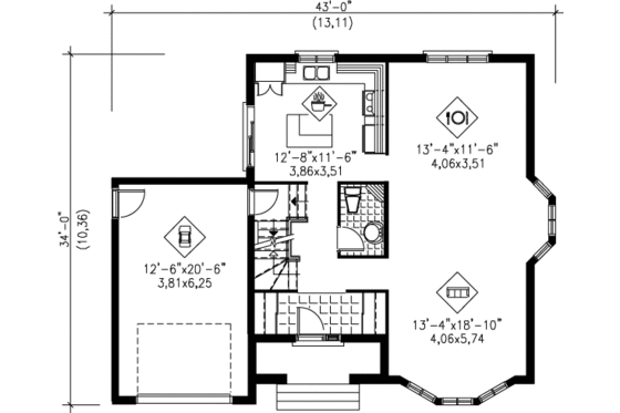 Floor Plan - Main Floor for Traditional House Plan #25-2198 - 3 bed, 1.5 bath