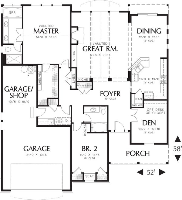 Main level floor plan - 1975 square foot Craftsman home