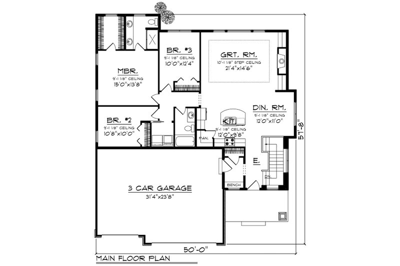 Architectural House Design - Floor Plan - Main Floor for Ranch House Plan #70-1457 - 3 bed, 2 bath