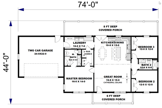 Floor Plan - Main Floor for Farmhouse House Plan #44-274 - 3 bed, 2 bath