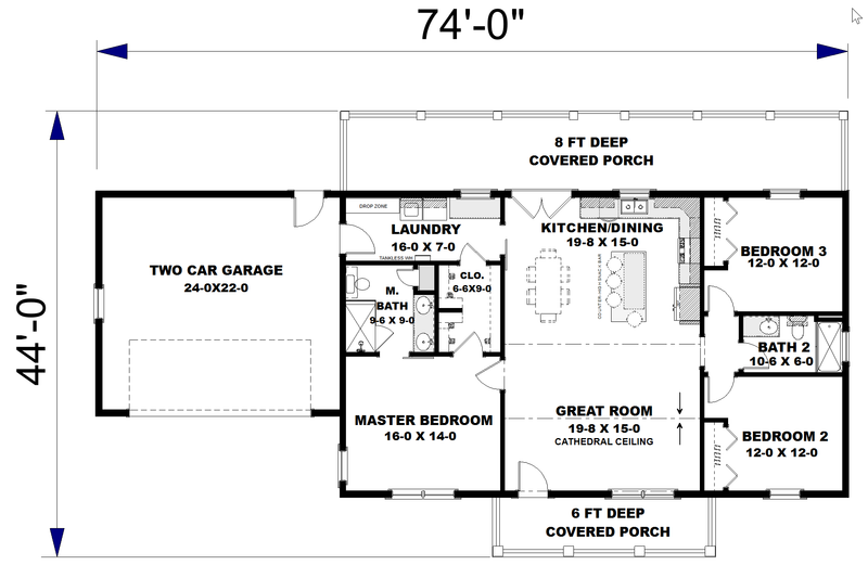 House Design - Floor Plan - Main Floor for Farmhouse House Plan #44-274 - 3 bed, 2 bath