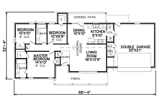 Floor Plan - Main Floor for Ranch House Plan #65-261 - 3 bed, 2 bath
