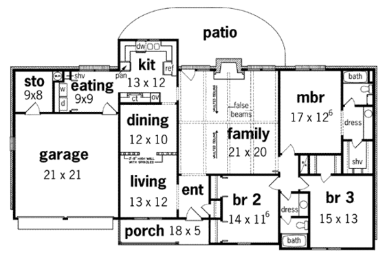 Floor Plan - Main Floor for Ranch House Plan #45-190 - 3 bed, 2 bath