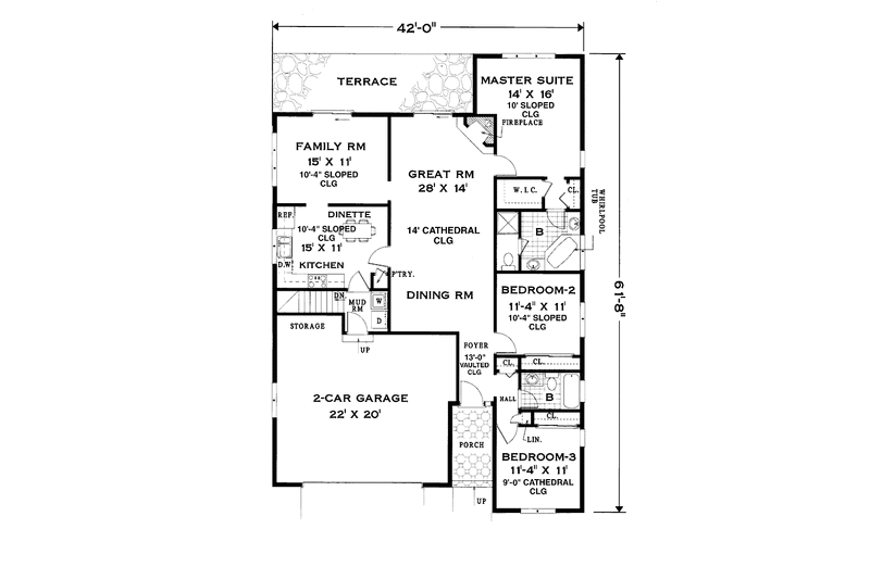 Architectural House Design - Floor Plan - Main Floor for Traditional House Plan #3-303 - 3 bed, 2 bath