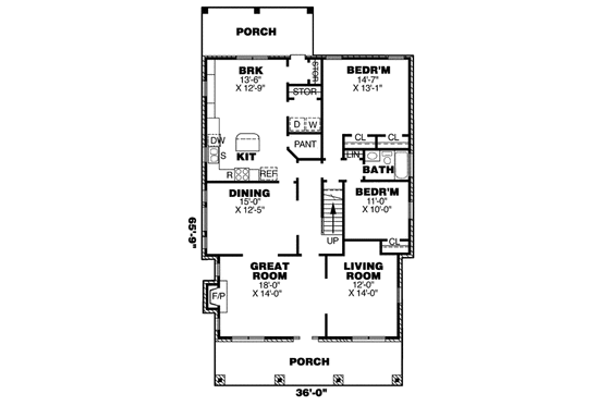 Floor Plan - Main Floor for Southern House Plan #34-174 - 2 bed, 2 bath