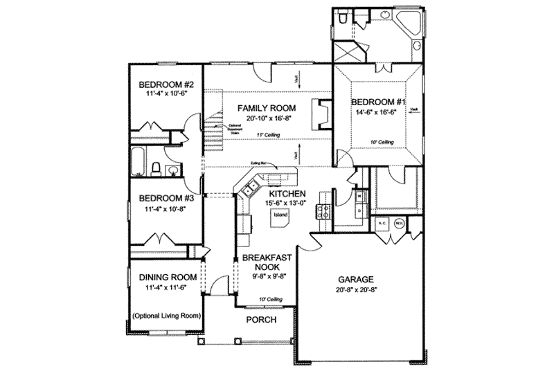 House Blueprint - Floor Plan - Main Floor for Cottage House Plan #20-1686 - 3 bed, 2 bath