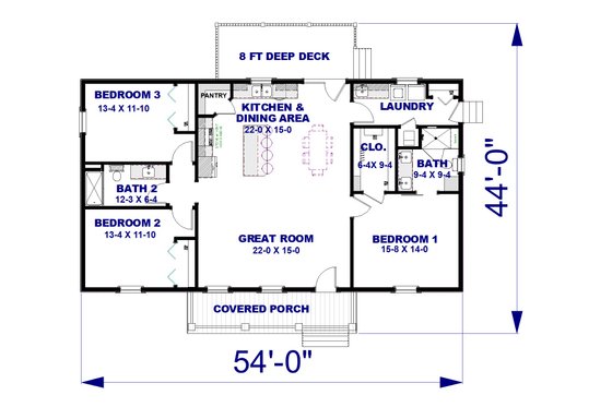 Floor Plan - Main Floor for Farmhouse House Plan #44-264 - 3 bed, 2 bath