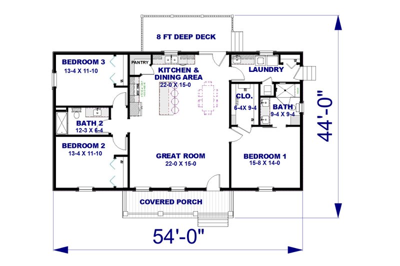 Home Plan - Floor Plan - Main Floor for Farmhouse House Plan #44-264 - 3 bed, 2 bath