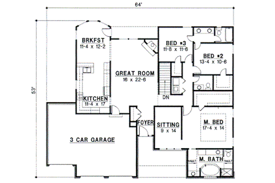 Floor Plan - Main Floor for Traditional House Plan #67-386 - 4 bed, 3.5 bath