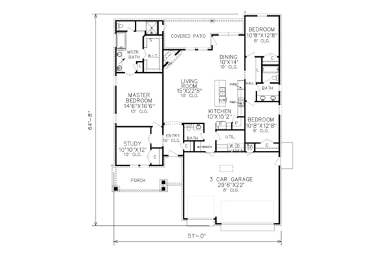 Floor Plan - Main Floor for Craftsman House Plan #65-517 - 3 bed, 2.5 bath