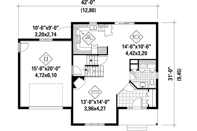Architectural House Design - Floor Plan - Main Floor for Country House Plan #25-4554 - 3 bed, 1 bath