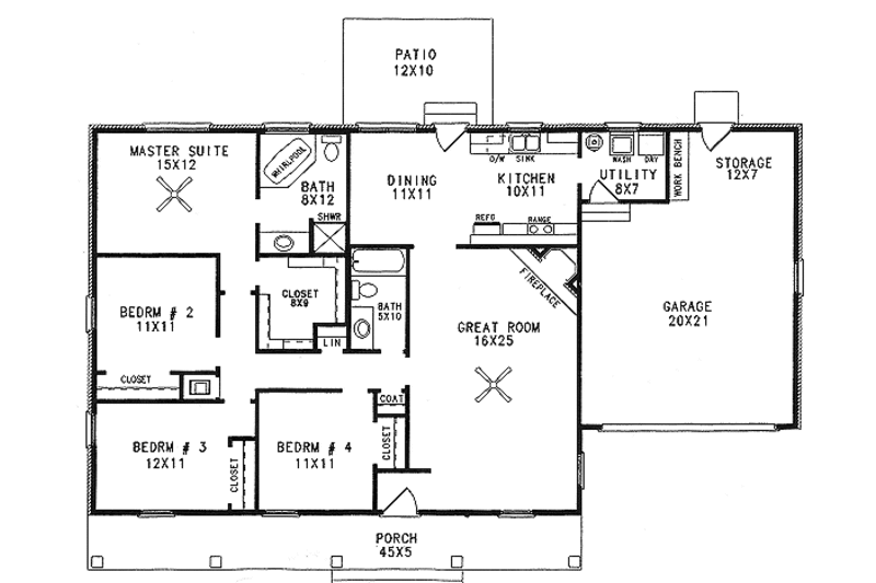 Southern Style House Plan - 4 Beds 2 Baths 1676 Sq/Ft Plan #14-119 ...