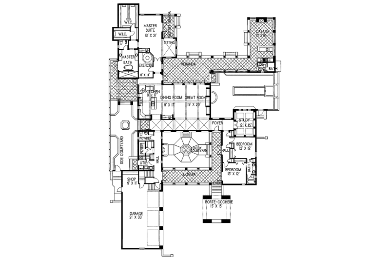 House Plan Design - Floor Plan - Main Floor for Mediterranean House Plan #76-130 - 3 bed, 2 bath