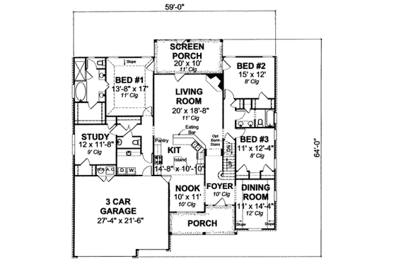 Floor Plan - Main Floor for Traditional House Plan #20-1830 - 3 bed, 2 bath