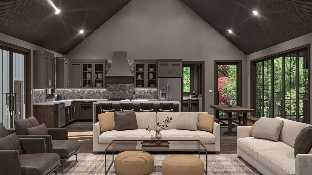 Lakefront house plan with walkout basement, interior kitchen and living.