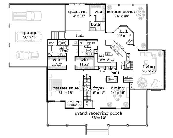 Architectural House Design - Main level floor plan - 4000 square foot European home