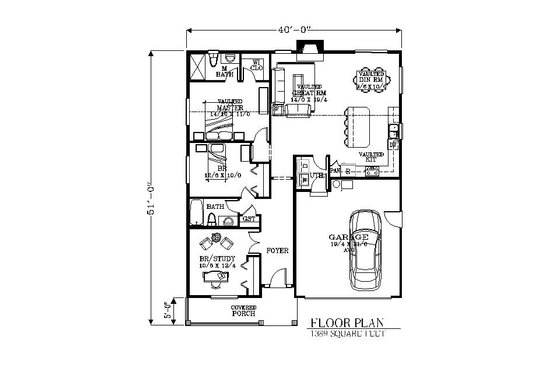 Floor Plan - Main Floor for Bungalow House Plan #53-437 - 3 bed, 2 bath