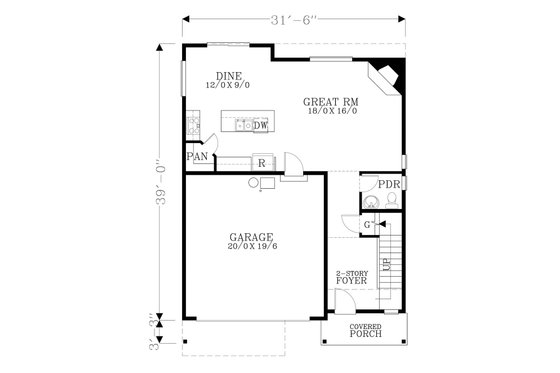 Floor Plan - Main Floor for Craftsman House Plan #53-503 - 3 bed, 2.5 bath