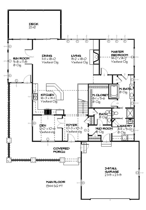 Bungalow style house plan, Craftsman design, main level floor plan