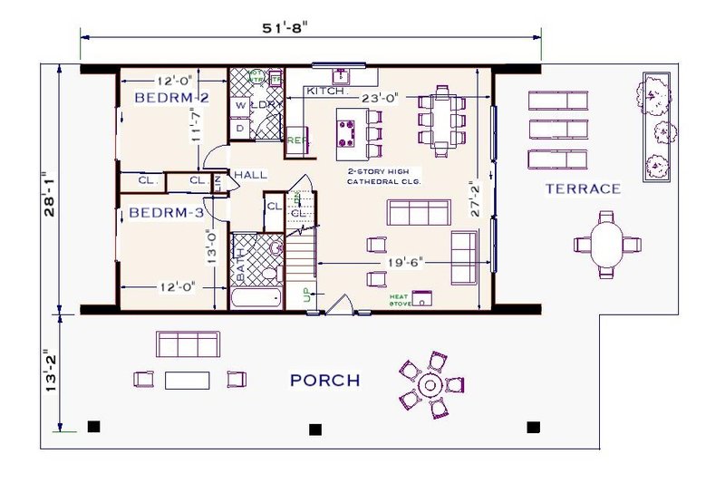 House Plan Design - Floor Plan - Main Floor for Cabin House Plan #3-350 - 3 bed, 2 bath
