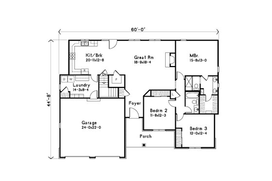 Floor Plan - Main Floor for Ranch House Plan #22-625 - 3 bed, 2 bath