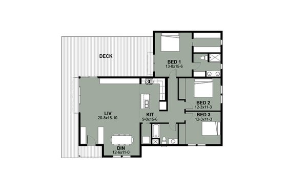 Floor Plan - Main Floor for Ranch House Plan #497-12 - 3 bed, 2 bath