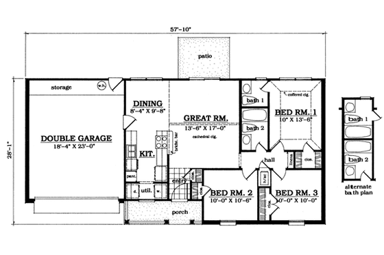 Floor Plan - Main Floor for Ranch House Plan #42-101 - 3 bed, 1.5 bath