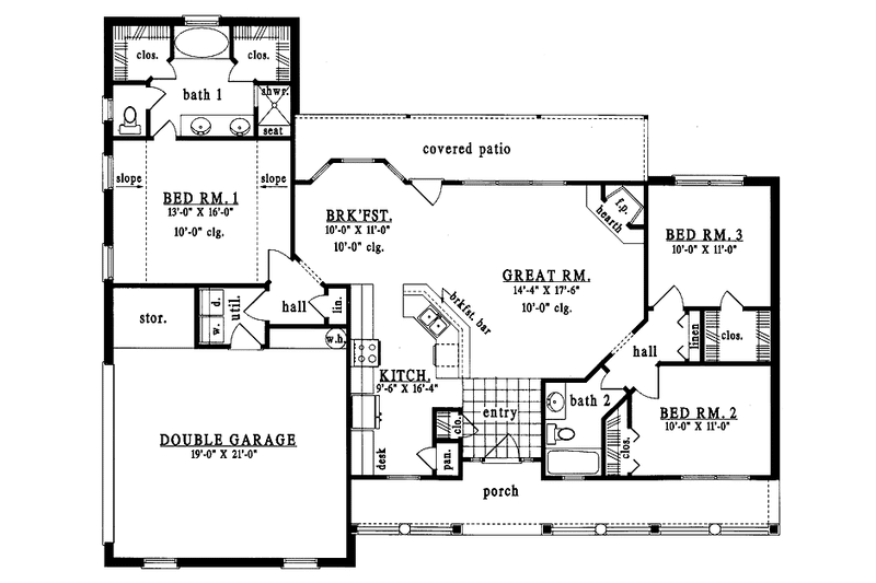 House Blueprint - Floor Plan - Main Floor for Country House Plan #42-435 - 3 bed, 2 bath