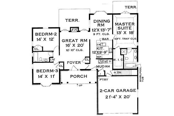 Floor Plan - Main Floor for Ranch House Plan #3-229 - 3 bed, 2 bath