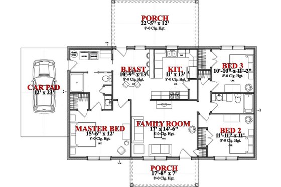 Floor Plan - Main Floor for Ranch House Plan #63-363 - 3 bed, 2 bath