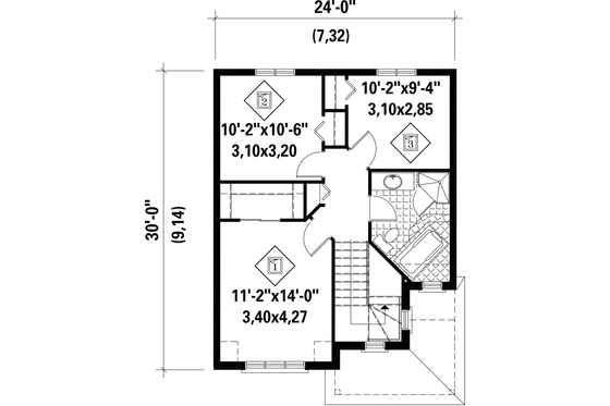 Floor Plan - Upper Floor for European House Plan #25-4556 - 3 bed, 1 bath