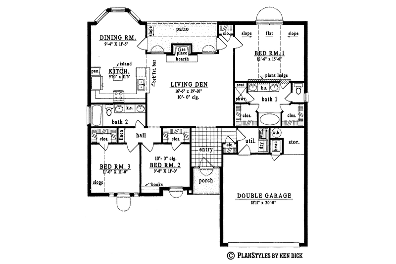 House Blueprint - Floor Plan - Main Floor for Ranch House Plan #42-481 - 3 bed, 2 bath